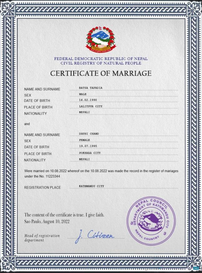 Download Nepal marriage certificate PSD template Photoshop template